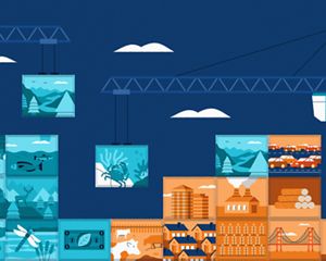Illustration of building blocks representing natural scenes and human scenes such as buildings, being stacked together with a crane.