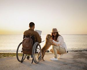 A family enjoying the beach during the sunset. There is a man in a wheelchair and a little dog playing with a woman.