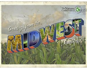 A color-coded map of six states in the Midwest with a dotted-line route through them. 