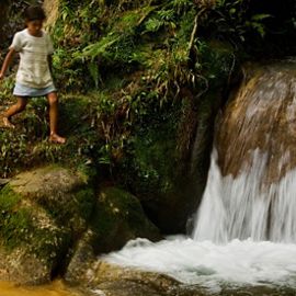 child walking toward a waterfall.