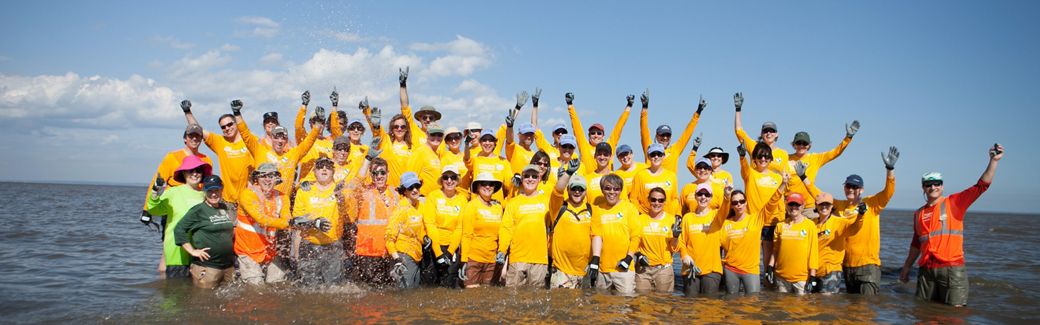 TNC Senior Leaders work together to build five reef structures at Arlington Cove in Mobile Bay, Alabama