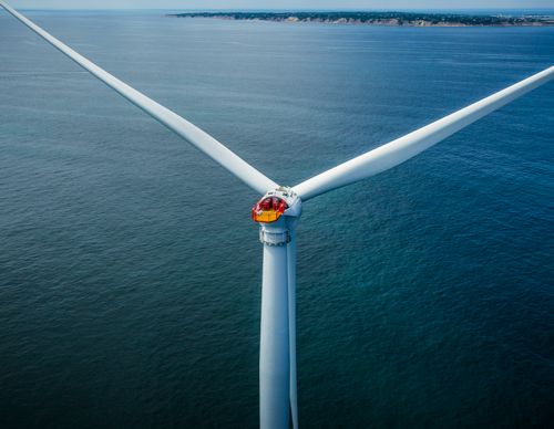 A wind turbine off the Atlantic coast near Rhode Island, USA. 