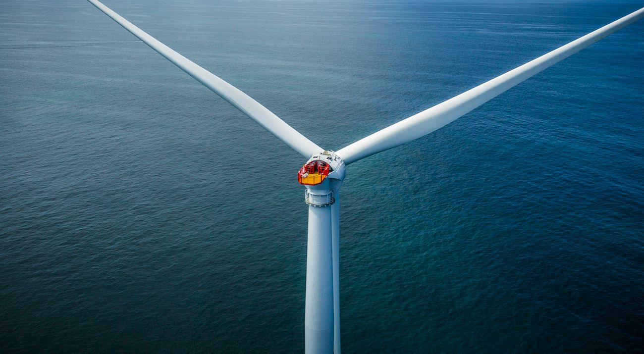 A wind turbine off the Atlantic coast of Rhode Island, USA.