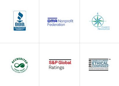 BBB Accredited Charity; DMA Nonprofit Organization; Charity Navigator; Accredited: Land Trust Accreditation Commission; S&P Global Ratings; 2018 World’s Most Ethical Companies: www.ethisphere.com