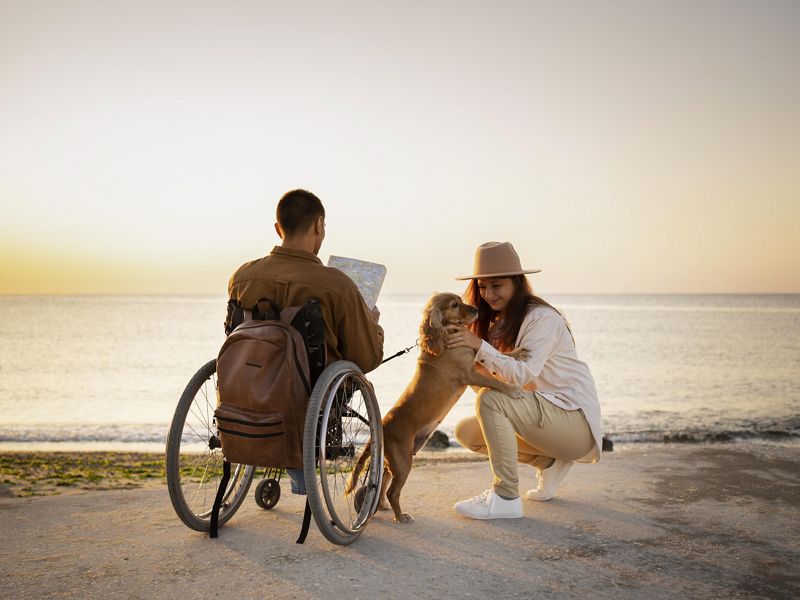 A family enjoys the beach during the sunset. There is a man in a wheelchair and a little dog playing with a woman.