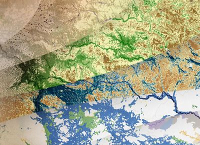 A map uses shades of green, yellow, blue and brown to feature an aerial view of a landscape.